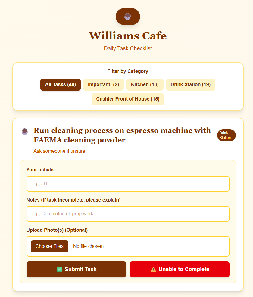 Williams Cafe Daily Task Checklist